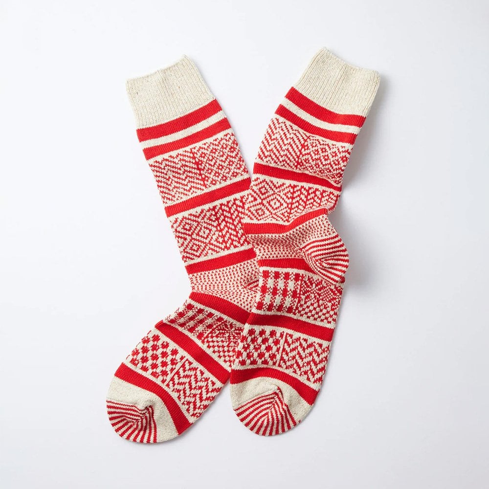 Multi Jacquard Crew Socks - Ivory/red