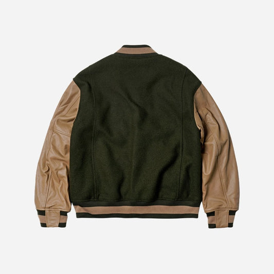 Cowhide Leather Varsity Jacket Olive