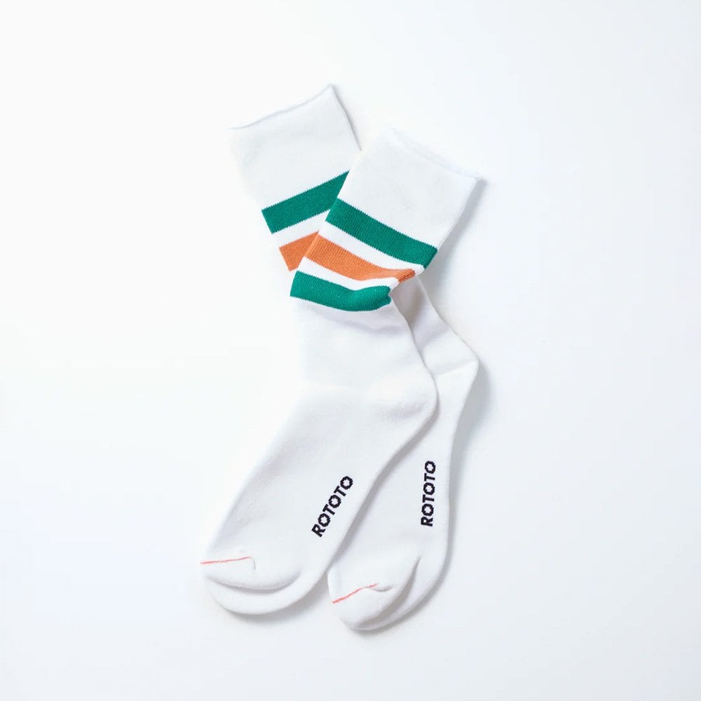 Fine Pile Striped Crew Socks - Wht/grn/d.or