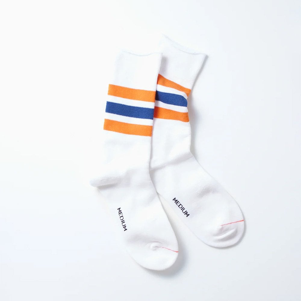 Fine Pile Striped Crew Socks - Wht/orn/d.bl