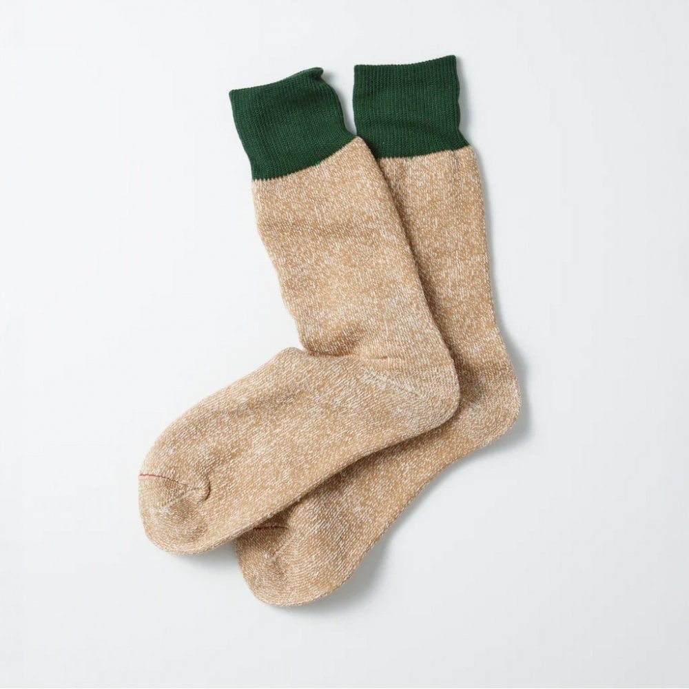 Double Face Crew Socks Silk & Cotton - D.green/beige