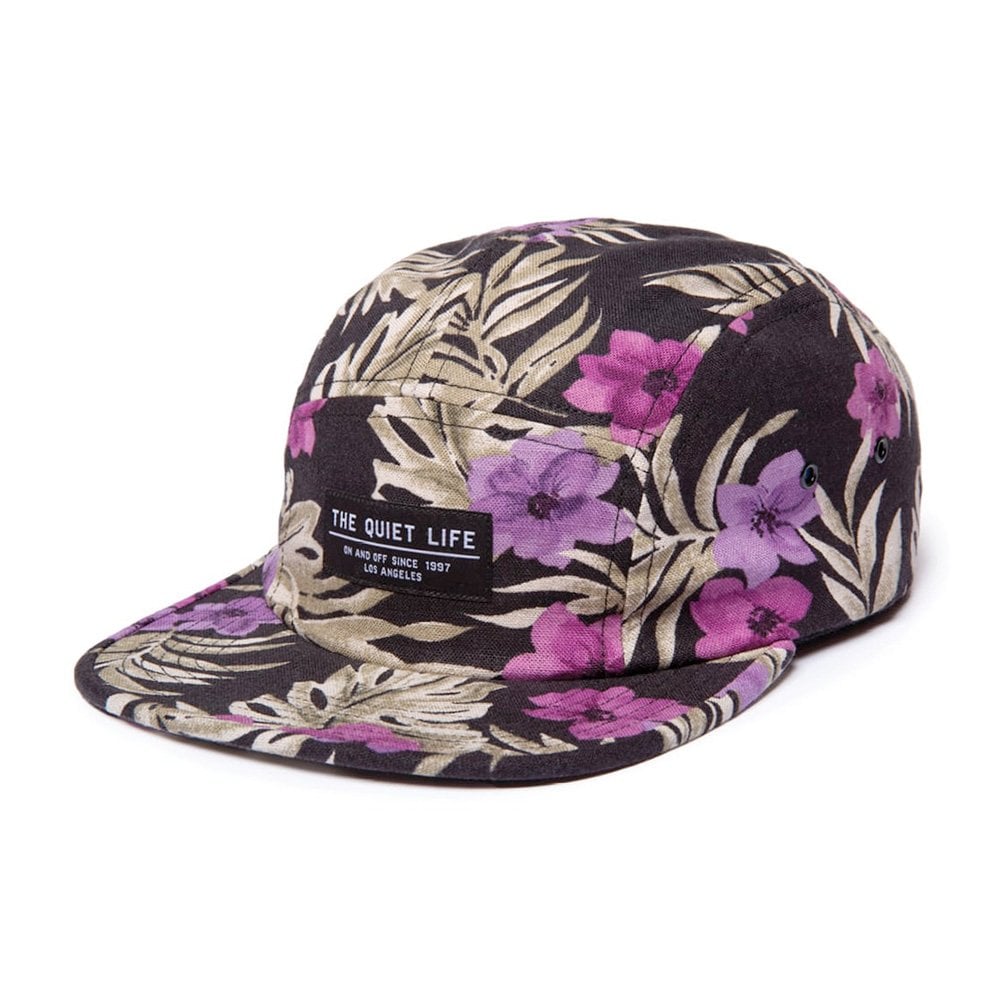 Floral Linen 5 Panel Camper Hat - Black
