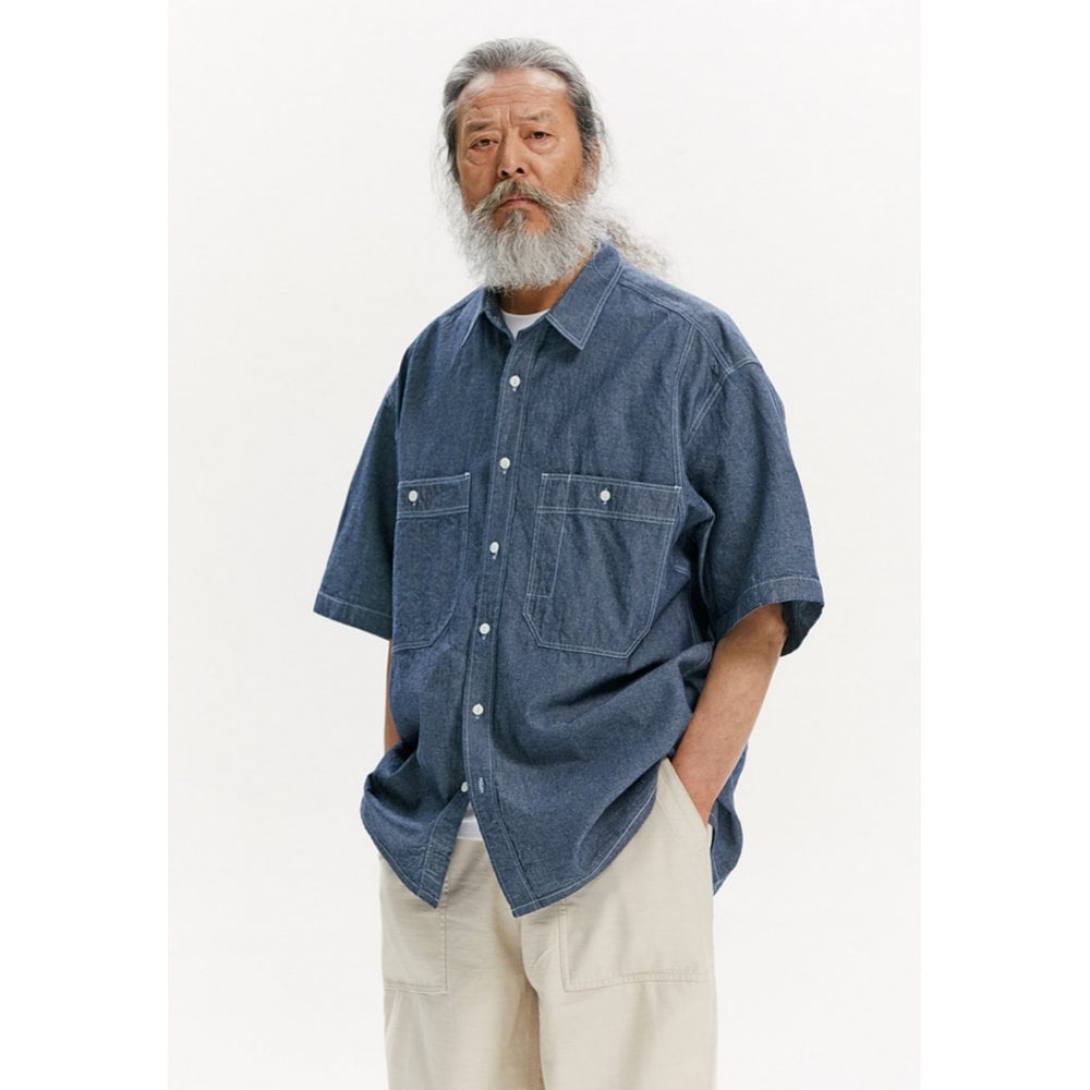 Chambray Big Pocket Half Shirt - Blue