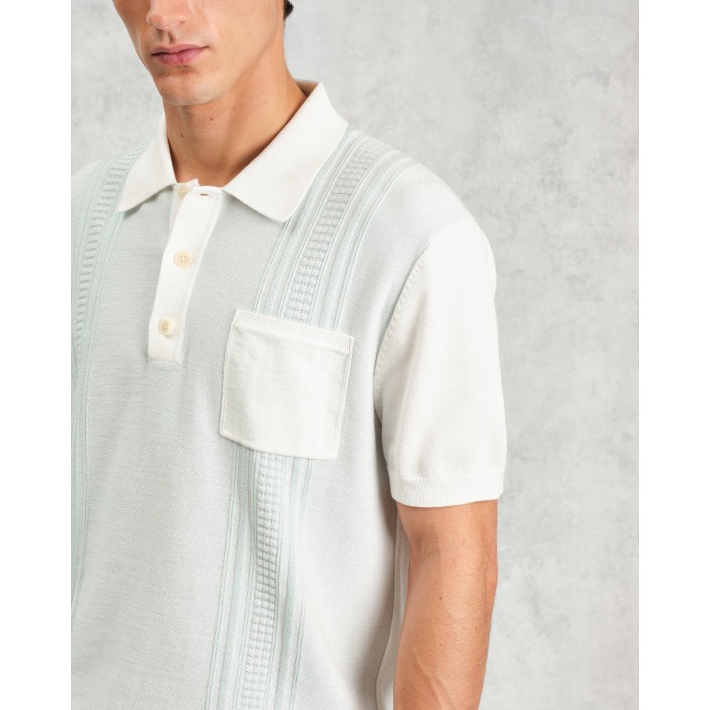 Turin Knitted Pocket Polo, Blue & Ecru Retro Sripe