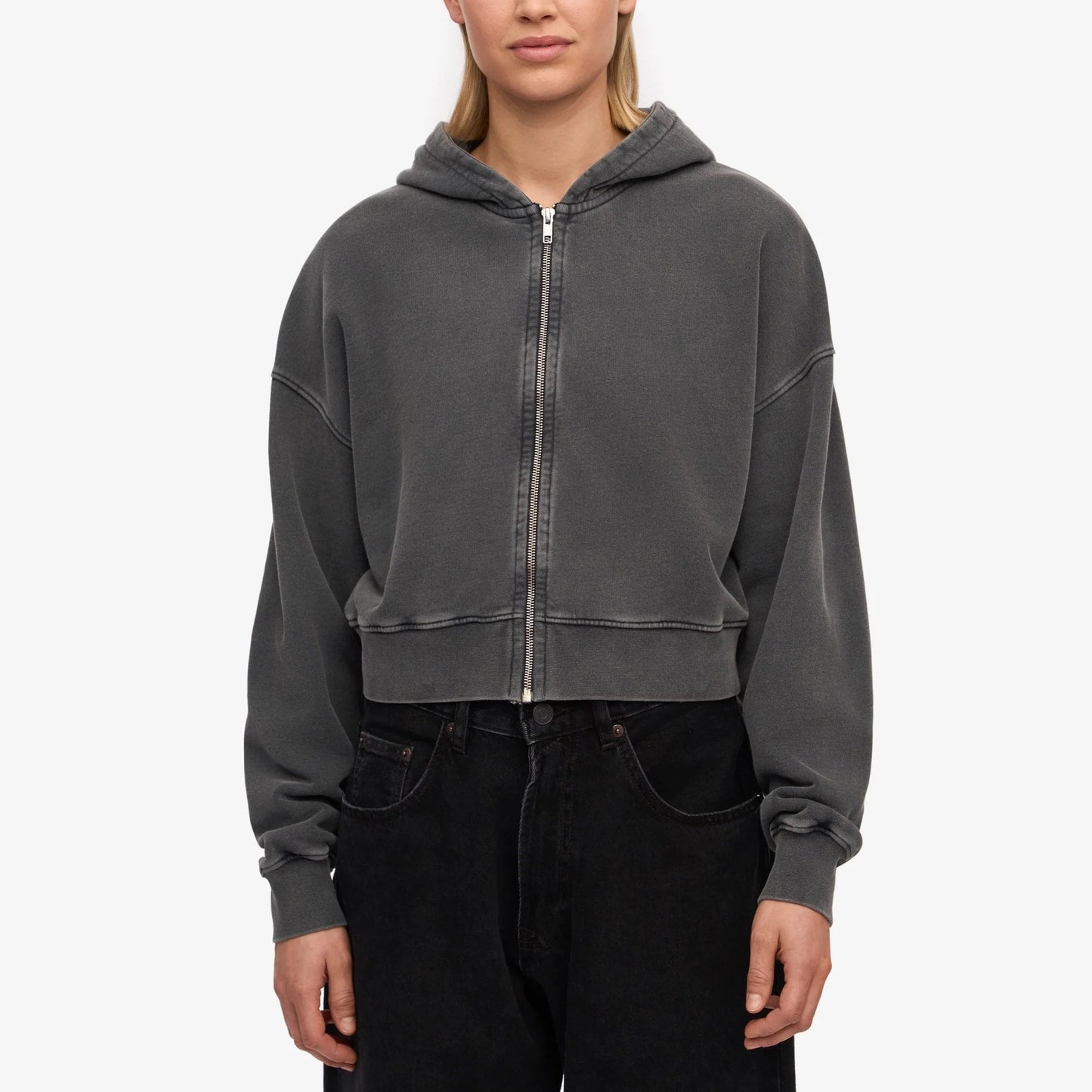 Women's Organic Crop Zip Hood - Faded Black