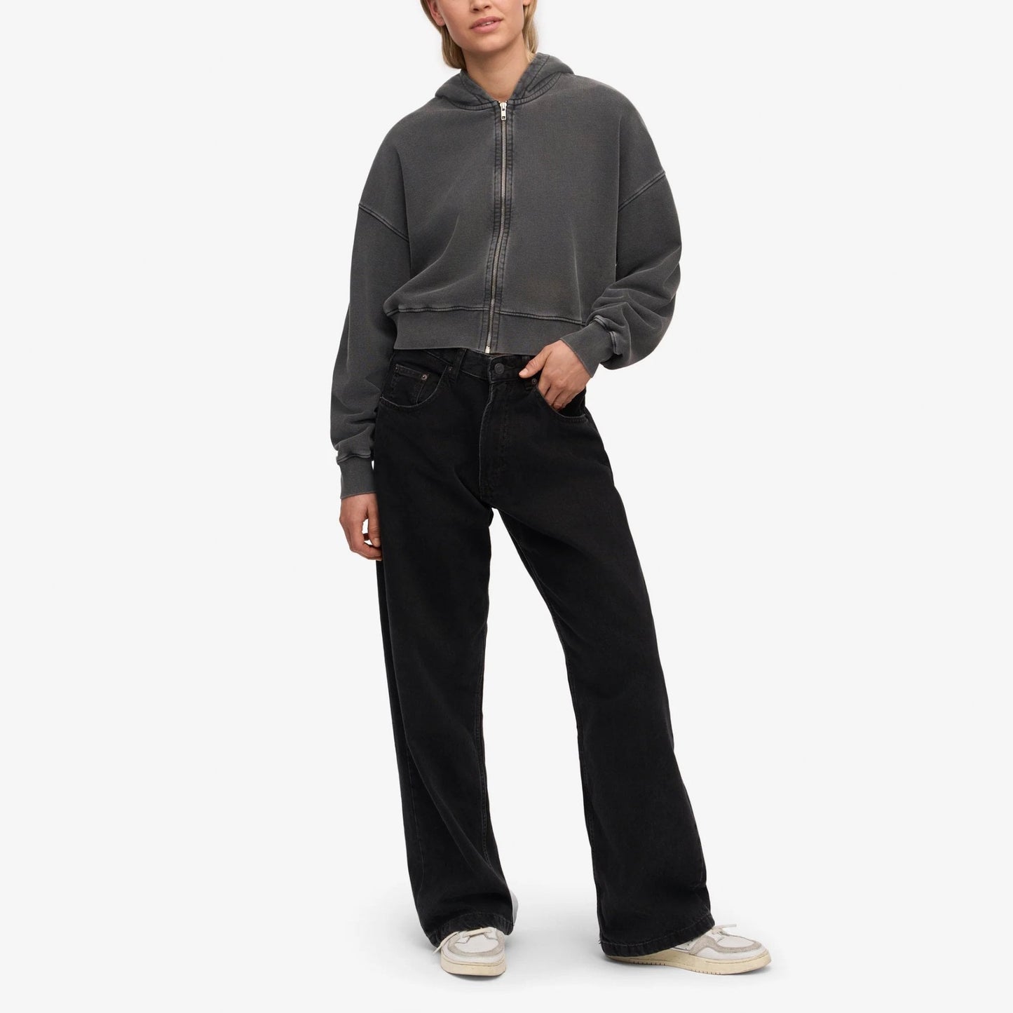 Women's Organic Crop Zip Hood - Faded Black