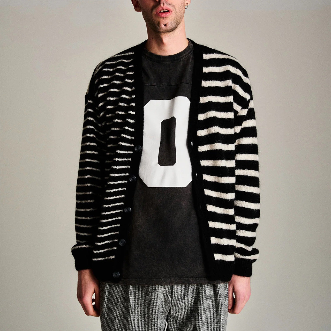 Mohair Striped Knitted Cardigan - Black/White