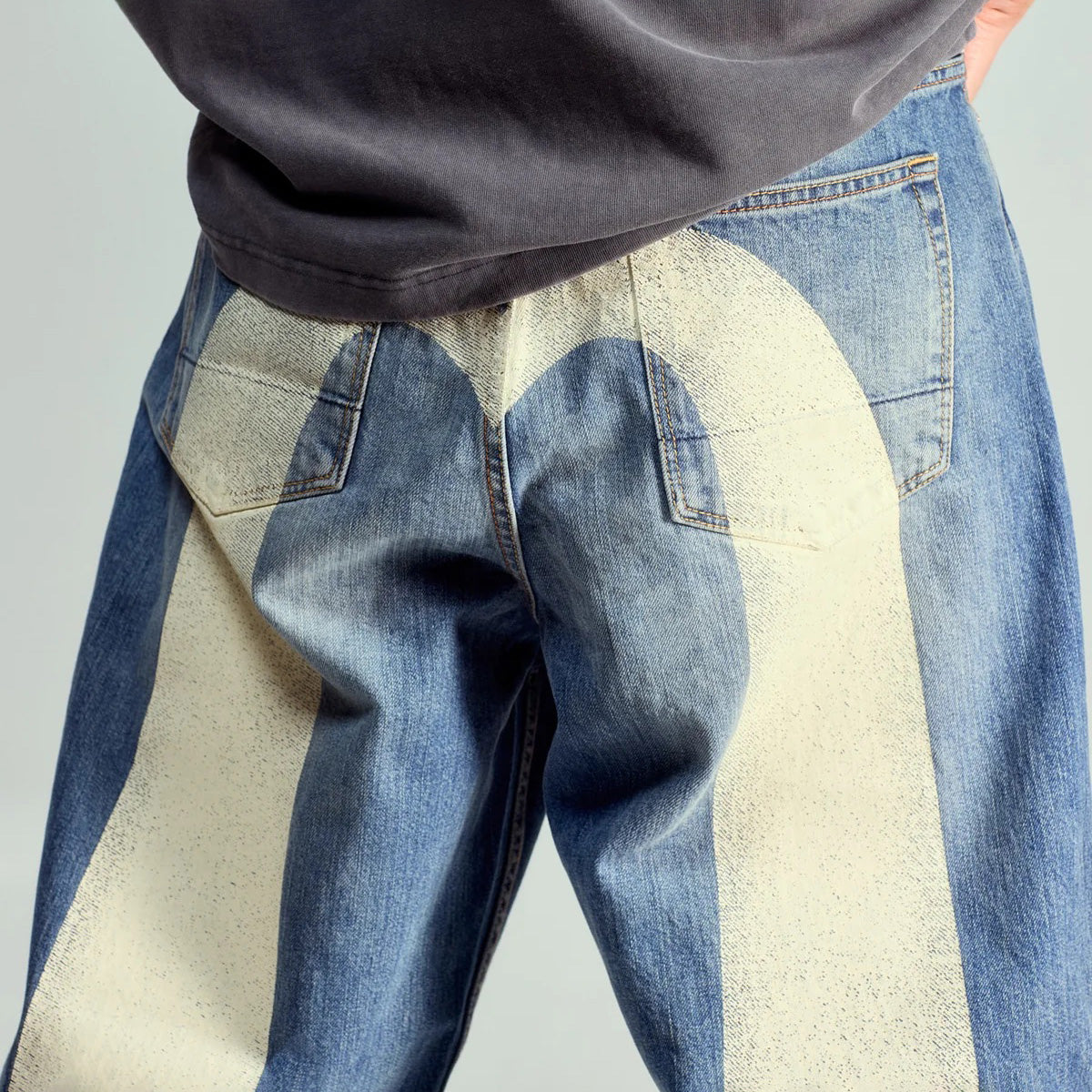 Ecru Daicock Print Loose Fit Jeans - Mid Tone Indigo