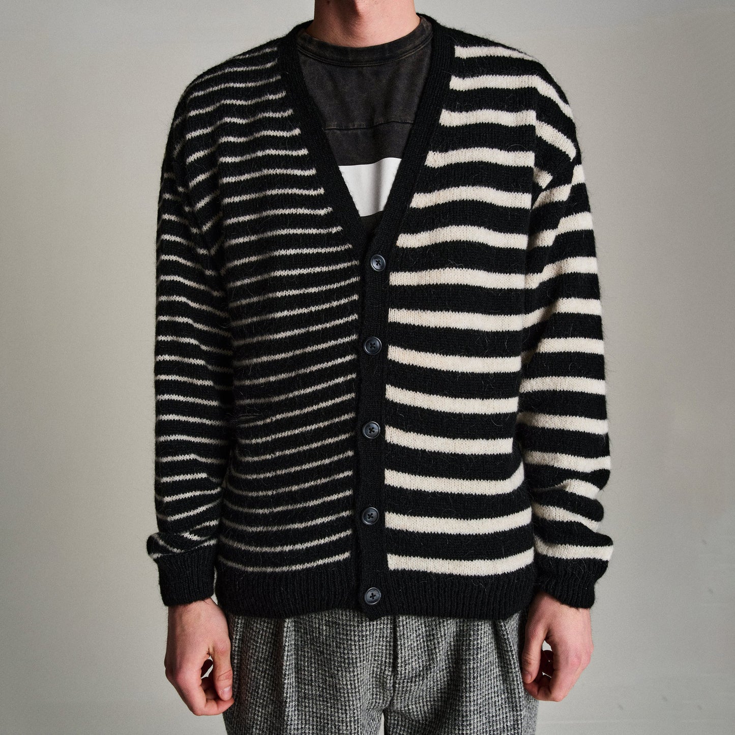 Mohair Striped Knitted Cardigan - Black/White
