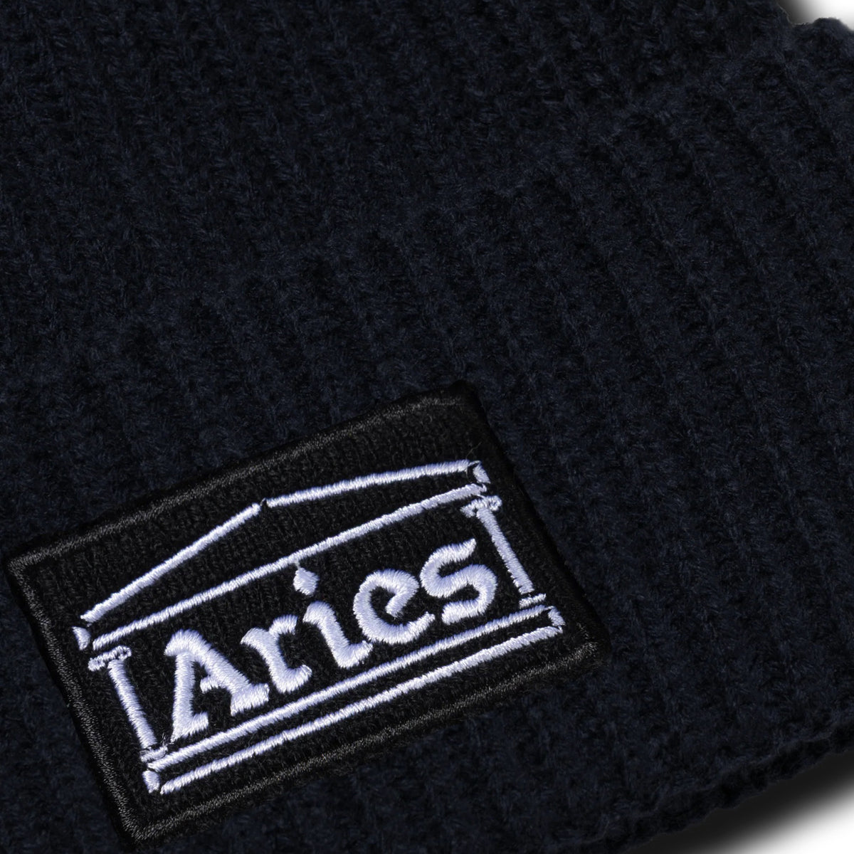 Temple Patch Rib Knit Beanie - Black