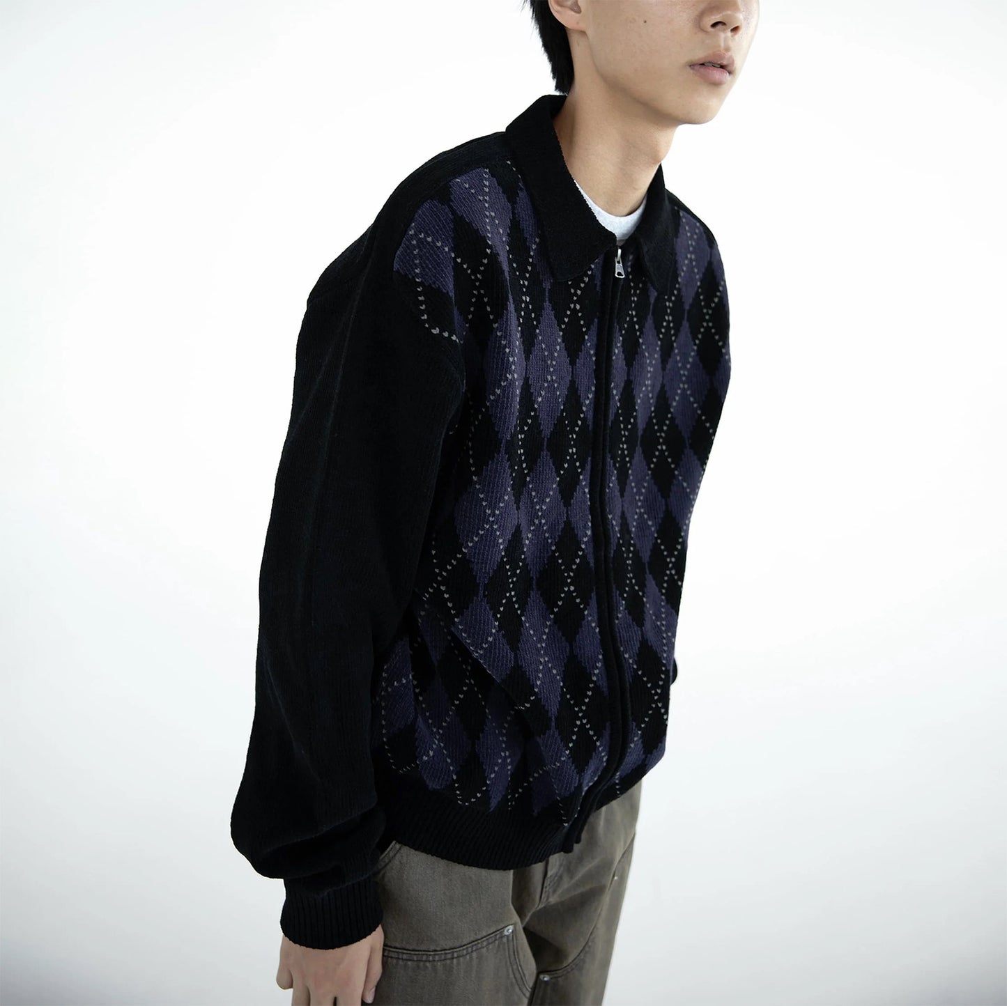 Argyle Zip Knit Cardigan - Black