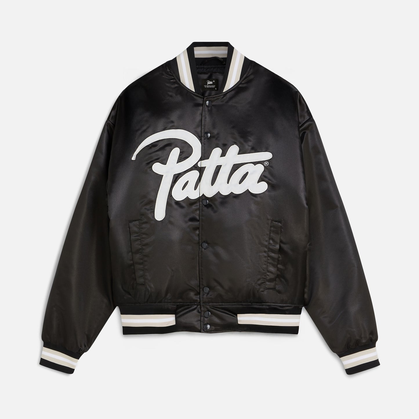 Script Logo Satin Varsity Jacket - Black