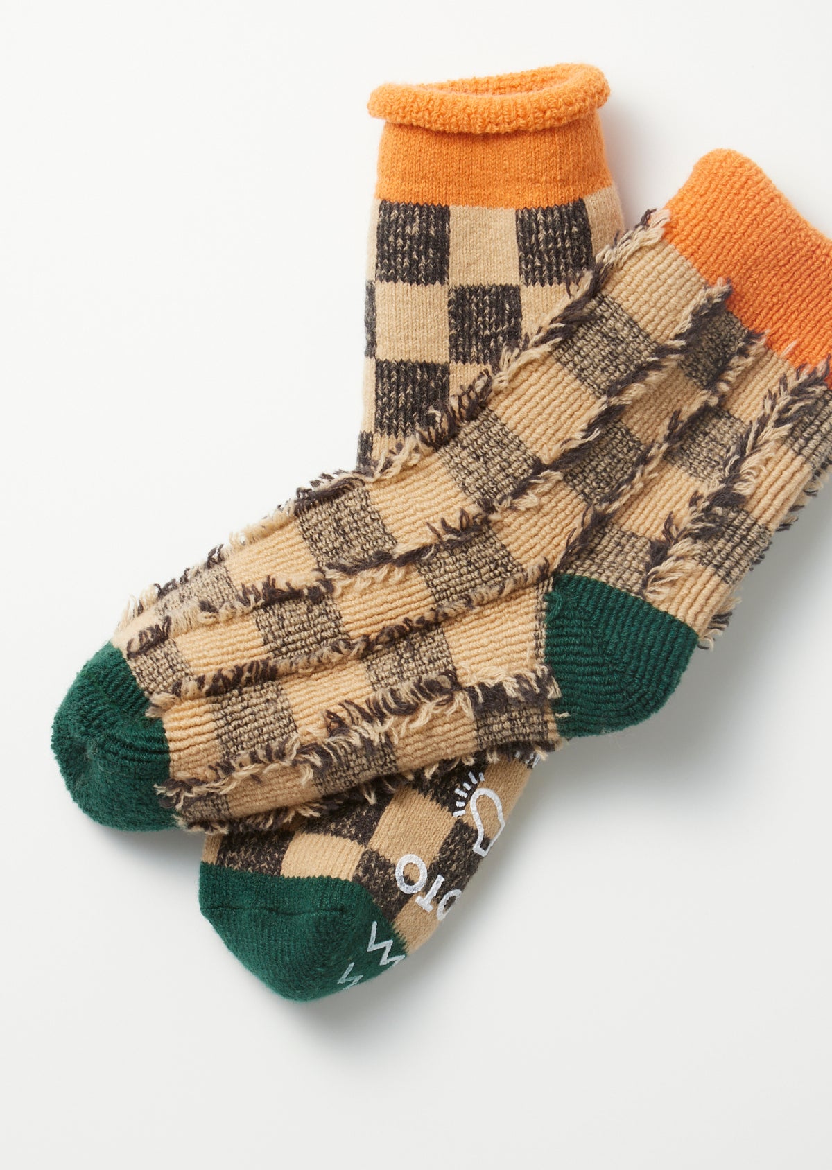 Pile Room Socks - Checkerboard - Light Orange / Dark Green