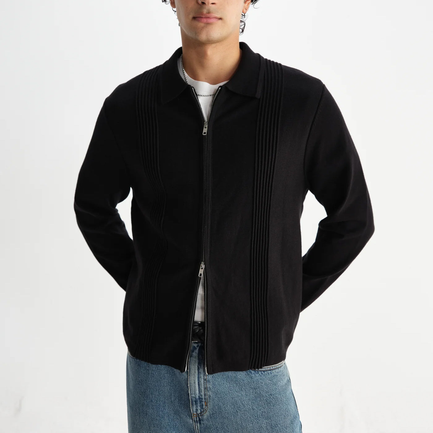 Lennox Zip Polo, Milano Ripple Stripe - Black