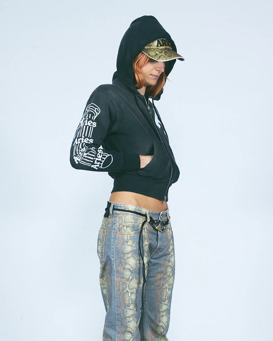 Premium Aged Cherub Column Zip Hoodie - Black
