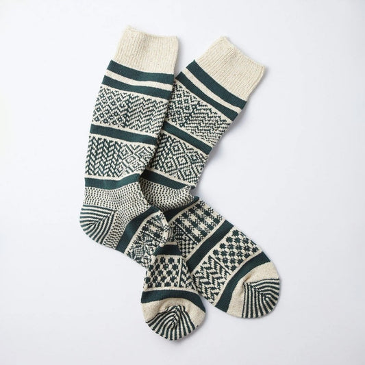 Multi Jacquard Crew Socks - Ivory/d.green