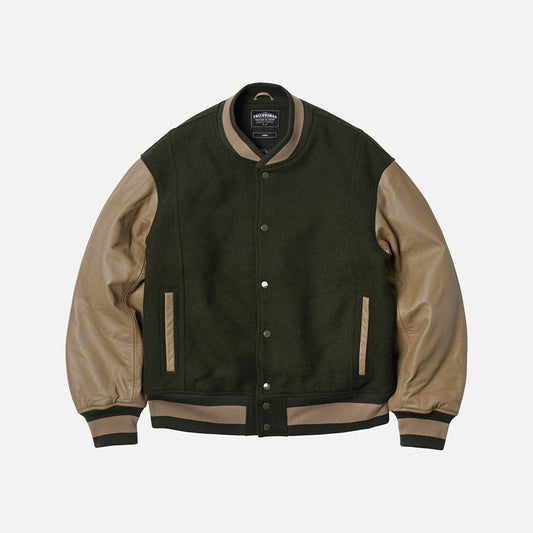Cowhide Leather Varsity Jacket Olive
