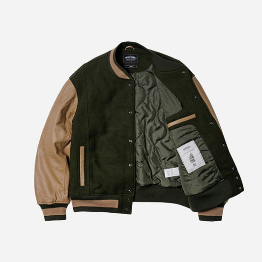 Cowhide Leather Varsity Jacket Olive