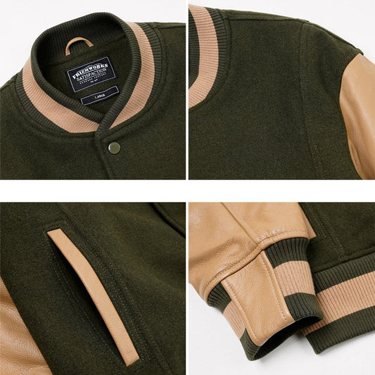 Cowhide Leather Varsity Jacket Olive