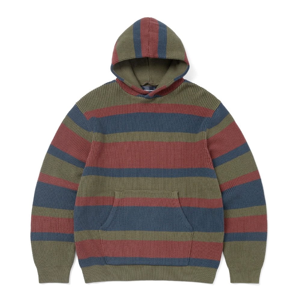Striped Waffle Knit Hoodie - Olive