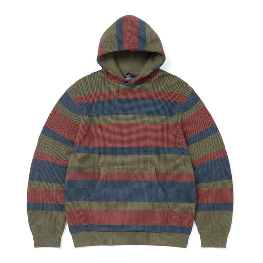 Striped Waffle Knit Hoodie - Olive
