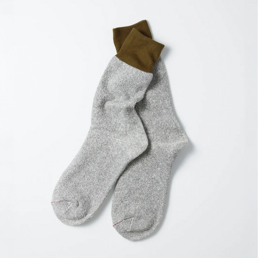 Double Face Crew Socks Silk & Cotton - Olive/gray