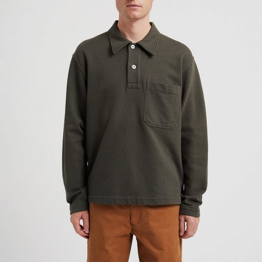 Fraser Relaxed Organic Loopback LS Polo - Black Olive