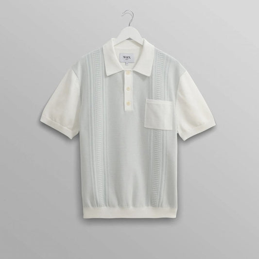 Turin Knitted Pocket Polo, Blue & Ecru Retro Sripe