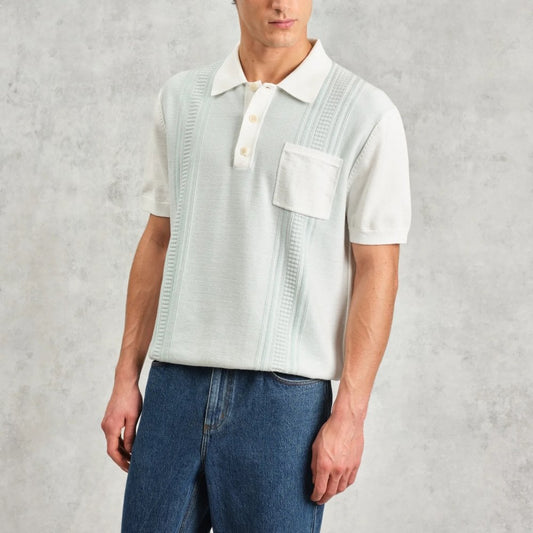 Turin Knitted Pocket Polo, Blue & Ecru Retro Sripe