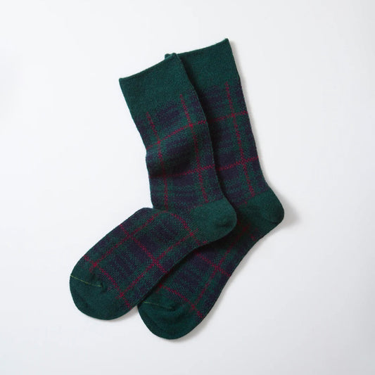 Check Pattern Merino Socks - Green/Navy