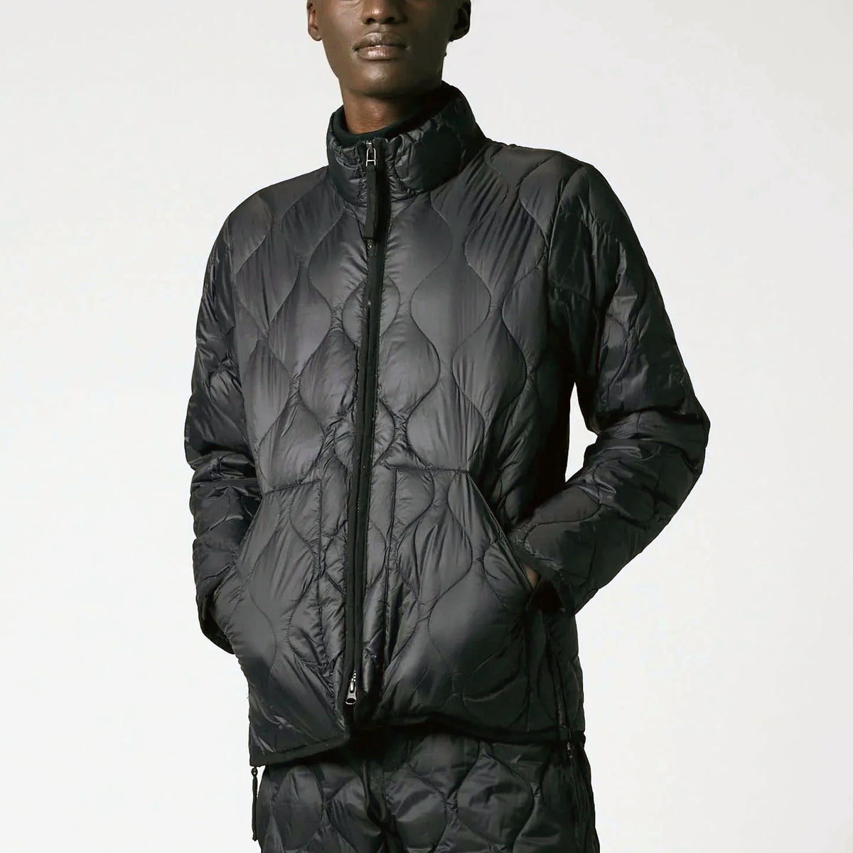 Military Hi Neck W-Zip Down Jacket (Soft Shell) - Black