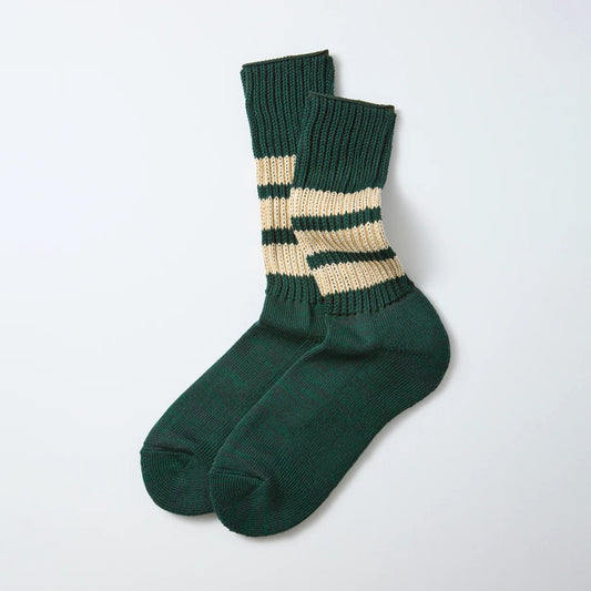 Coarse Ribbed Crew Socks - Green/Cream