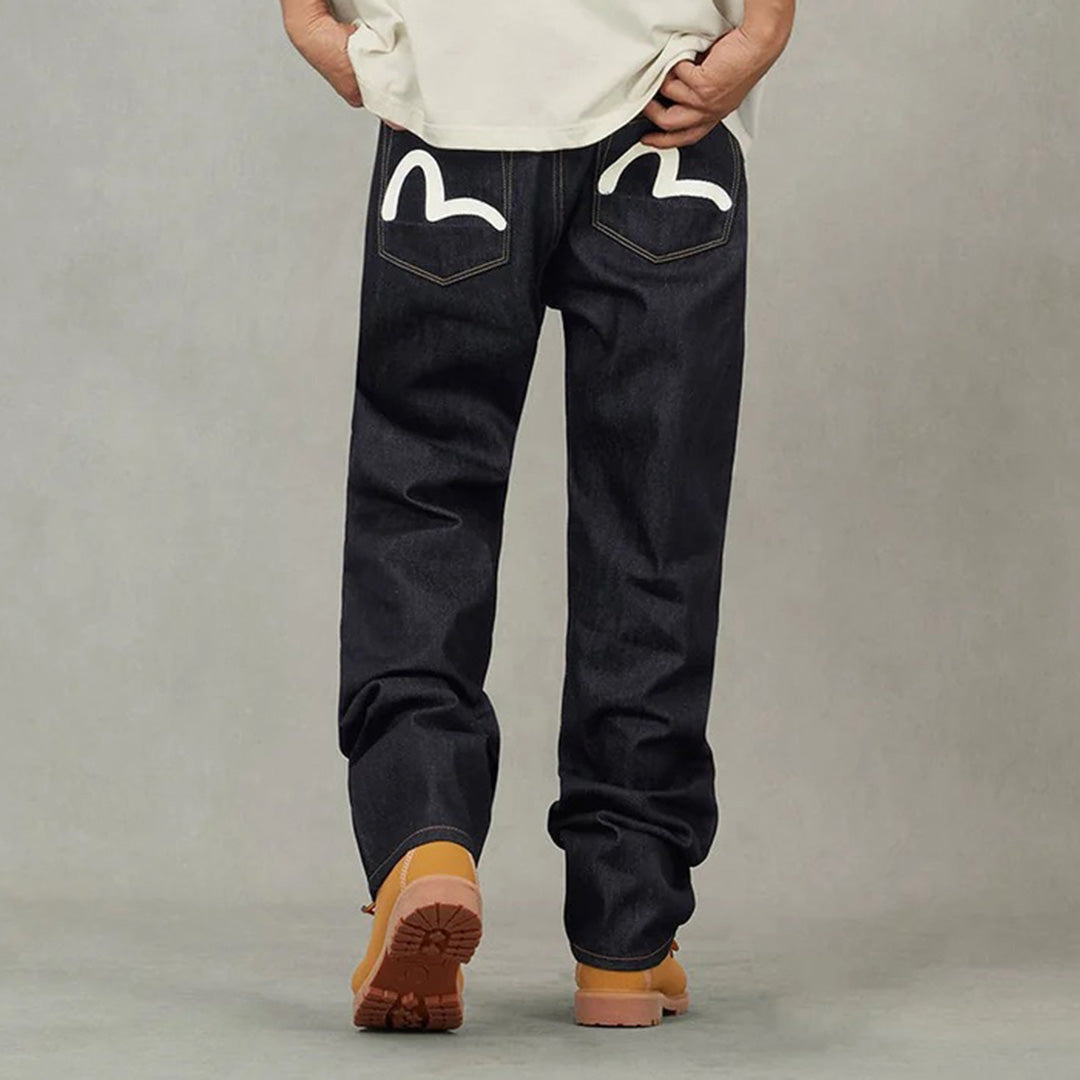 White Seagull Print Pockets Regular Fit Jeans - Raw Indigo