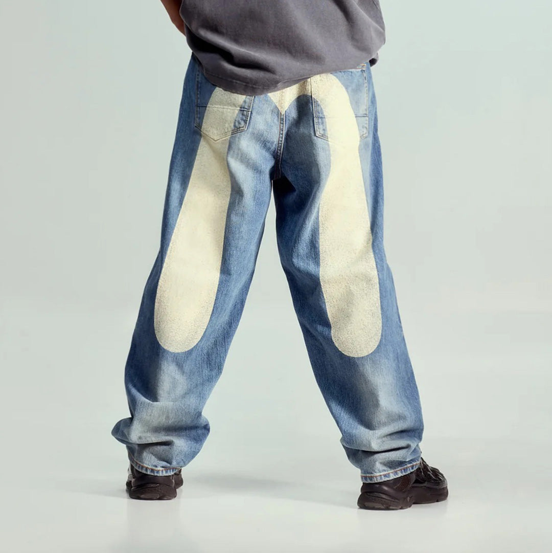 Ecru Daicock Print Loose Fit Jeans  - Mid Tone Indigo