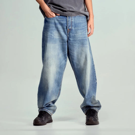 Ecru Daicock Print Loose Fit Jeans  - Mid Tone Indigo