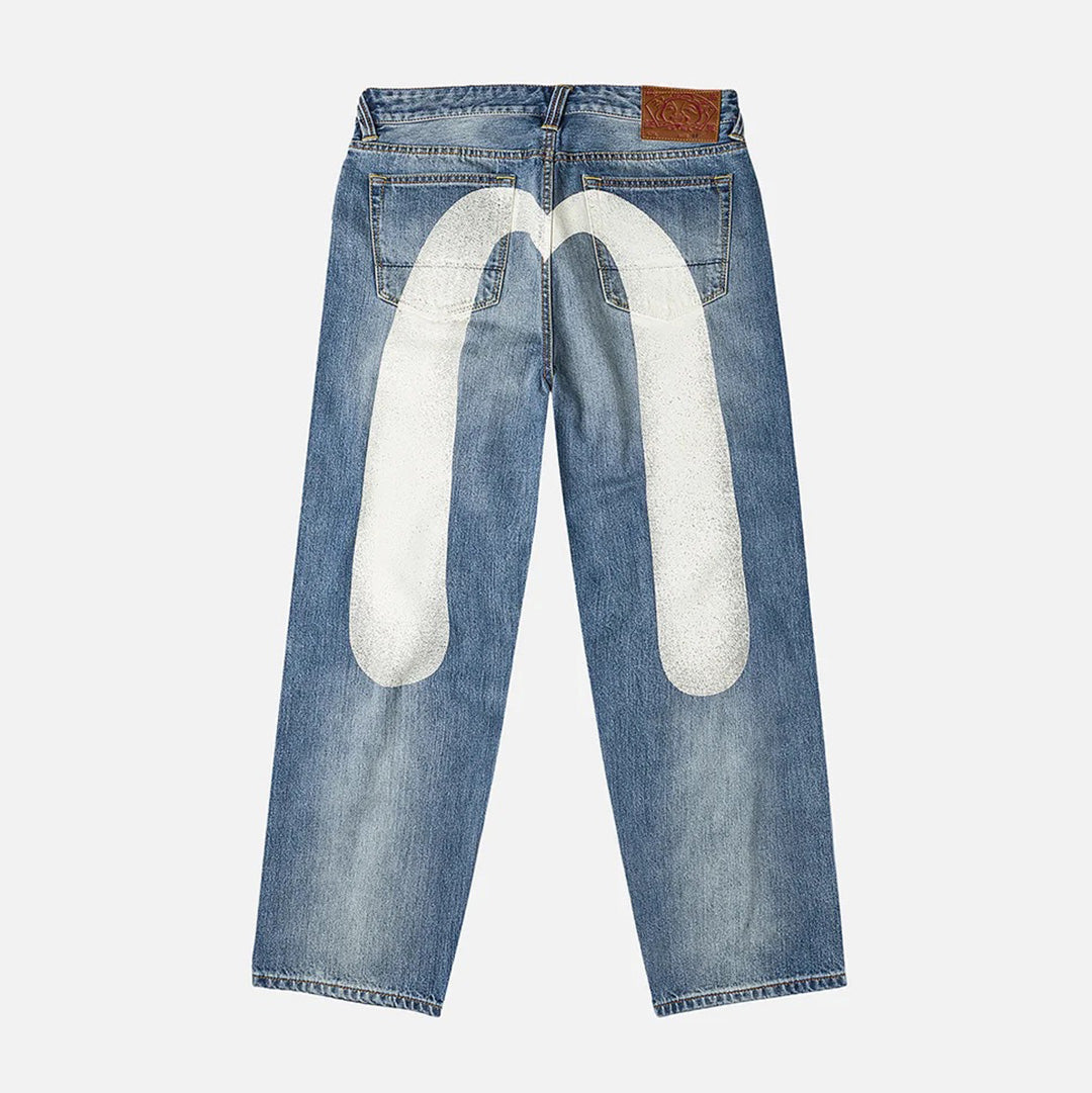 Ecru Daicock Print Loose Fit Jeans  - Mid Tone Indigo