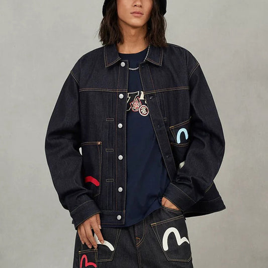 Seagull Print Multi-Pocket Relax Fit Denim Jacket - Raw Indigo