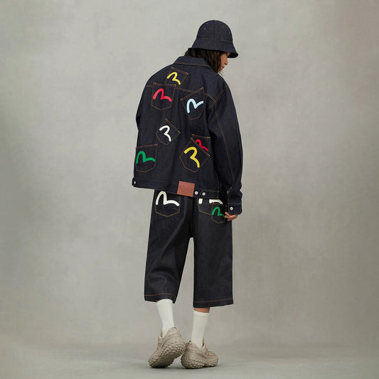 Seagull Print Multi-Pocket Relax Fit Denim Jacket - Raw Indigo