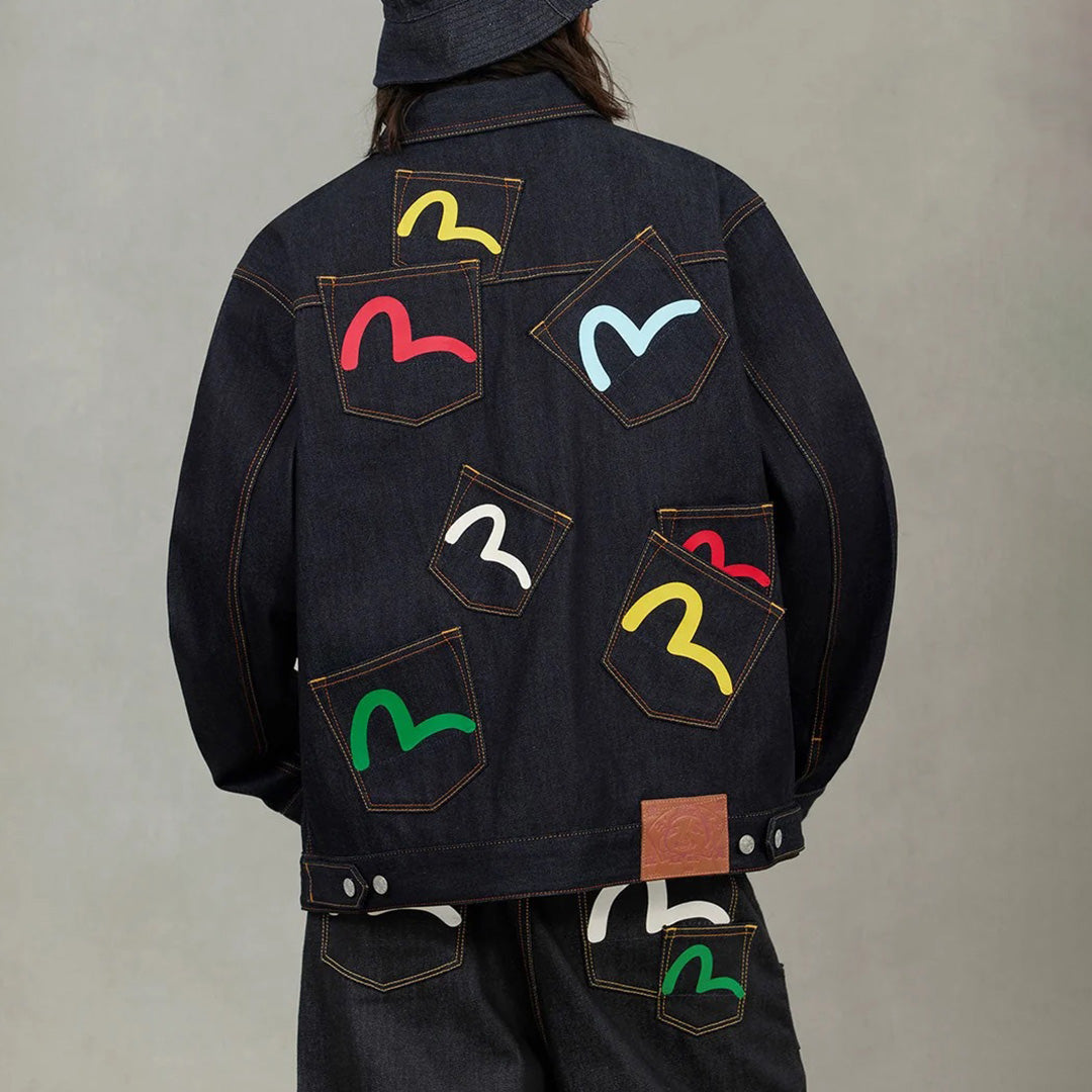 Seagull Print Multi-Pocket Relax Fit Denim Jacket - Raw Indigo