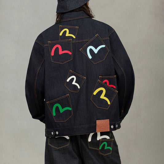 Seagull Print Multi-Pocket Relax Fit Denim Jacket - Raw Indigo