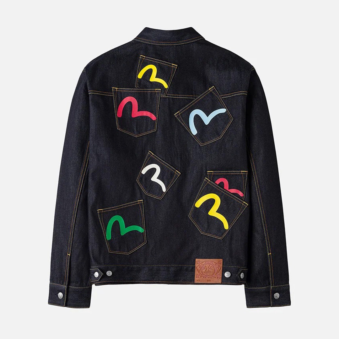 Seagull Print Multi-Pocket Relax Fit Denim Jacket - Raw Indigo