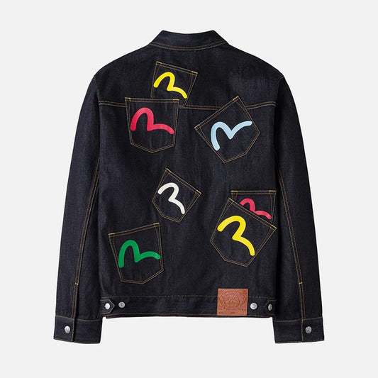 Seagull Print Multi-Pocket Relax Fit Denim Jacket - Raw Indigo