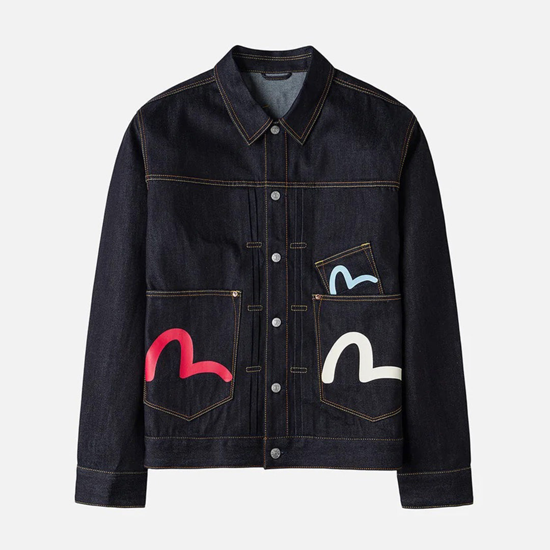 Seagull Print Multi-Pocket Relax Fit Denim Jacket - Raw Indigo