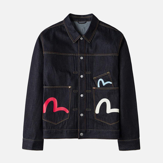 Seagull Print Multi-Pocket Relax Fit Denim Jacket - Raw Indigo