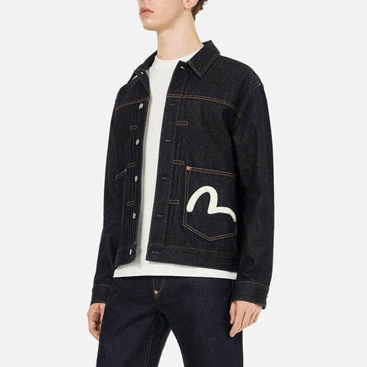 Ecru Seagull Print Relax Fit Denim Jacket - Raw Indigo