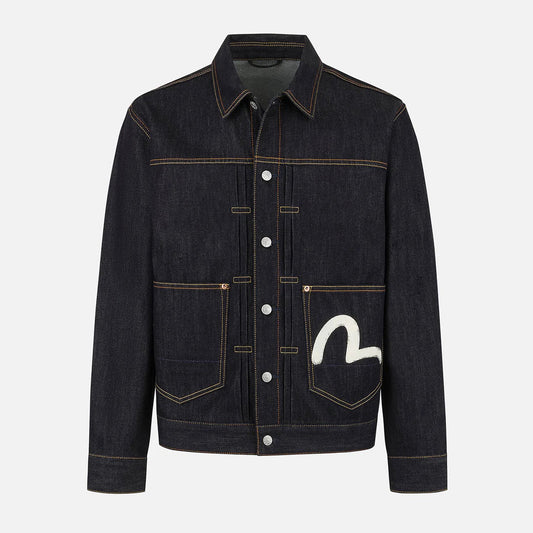 Ecru Seagull Print Relax Fit Denim Jacket - Raw Indigo