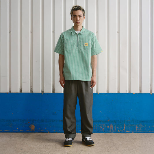 IC Services Quarter Zip Work Shirt - Green / White Stripe