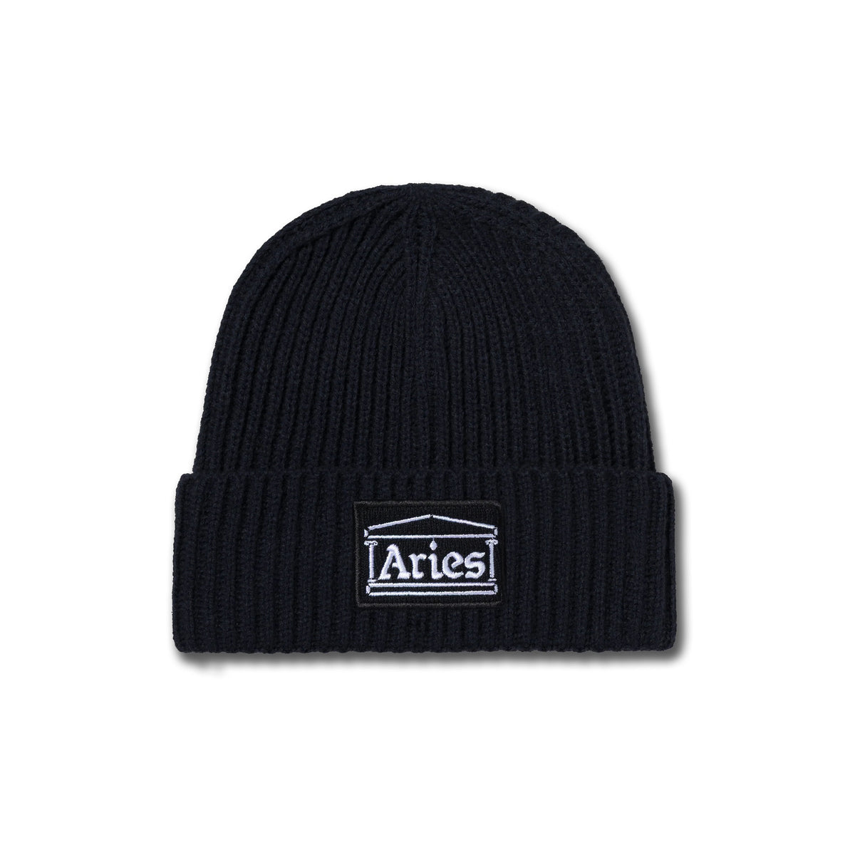 Temple Patch Rib Knit Beanie - Black