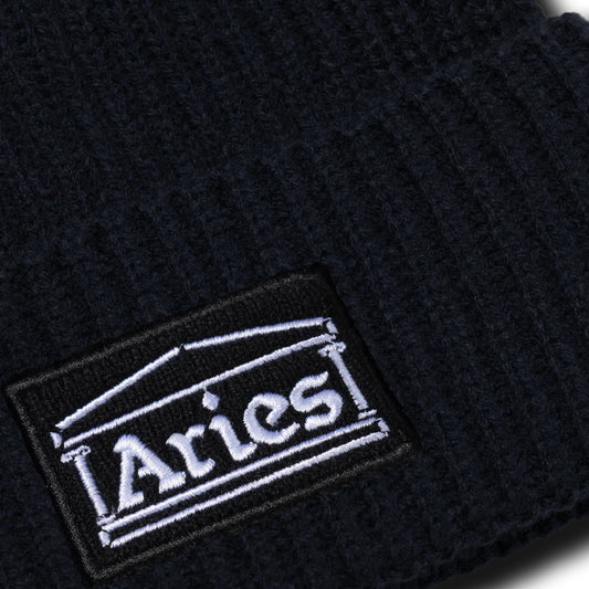Temple Patch Rib Knit Beanie - Black