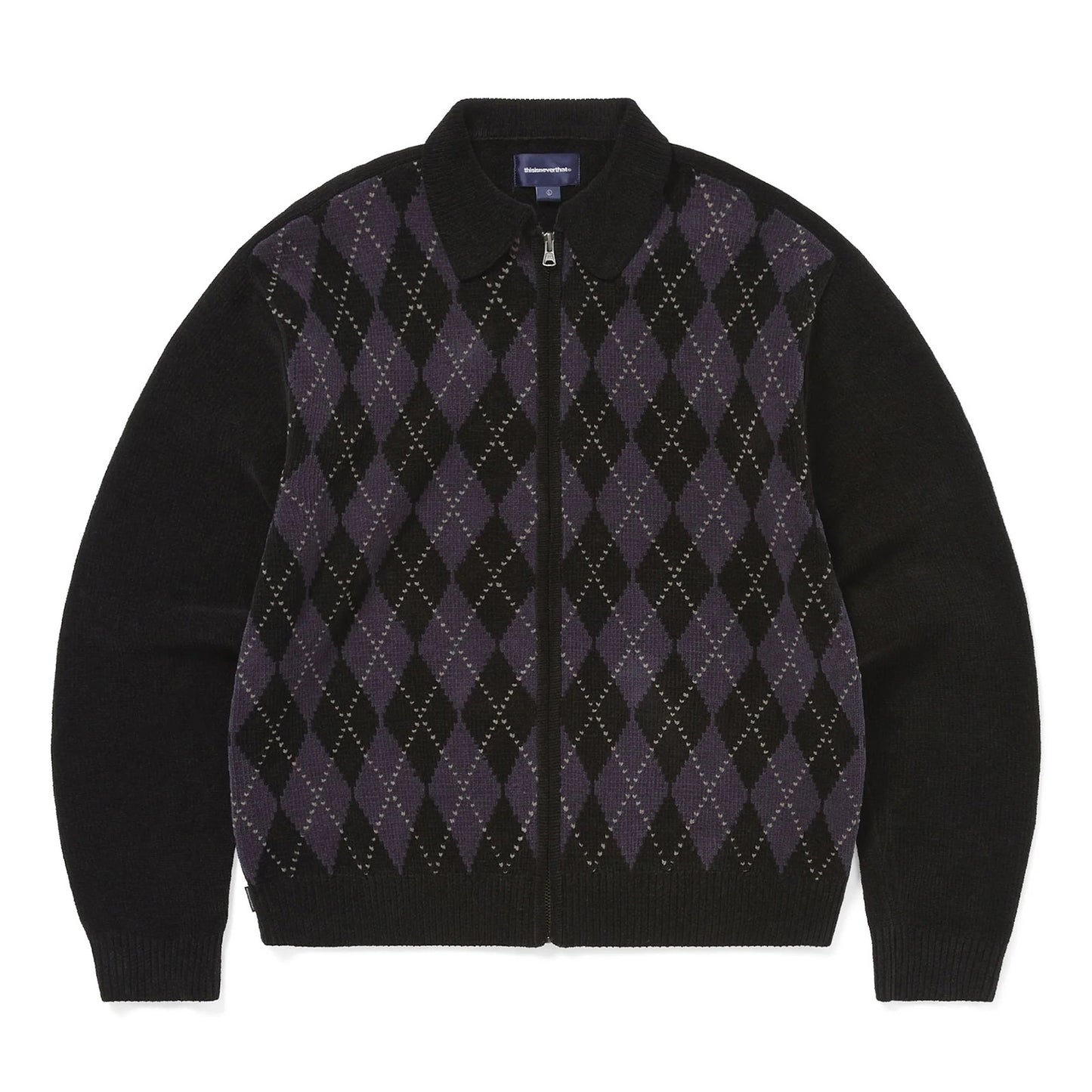 Argyle Zip Knit Cardigan - Black